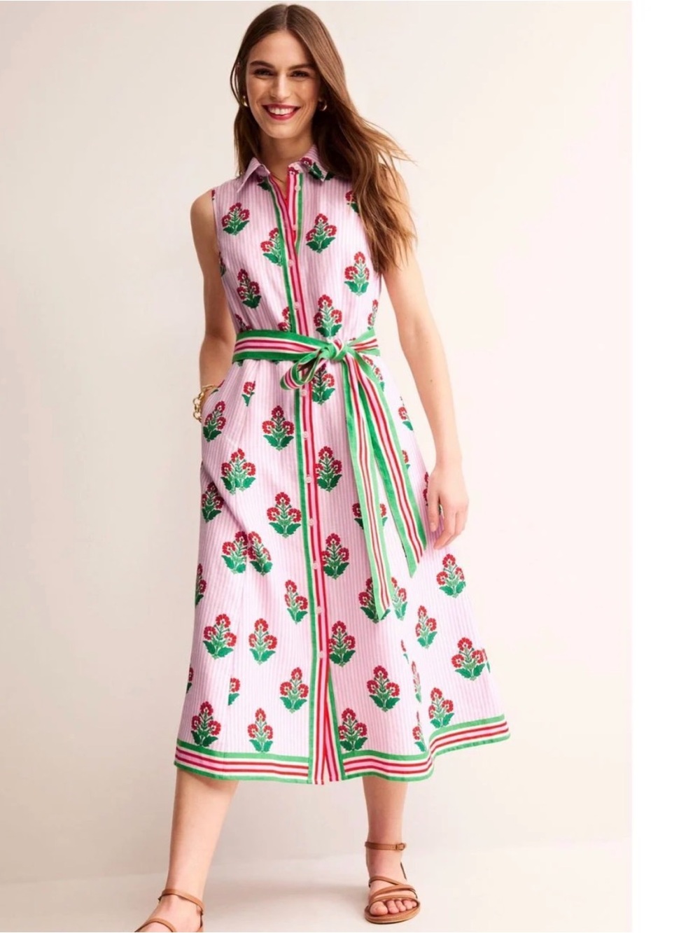 ISO Boden Kate Linen Midi Shirtdress Pink Floral Stem 6